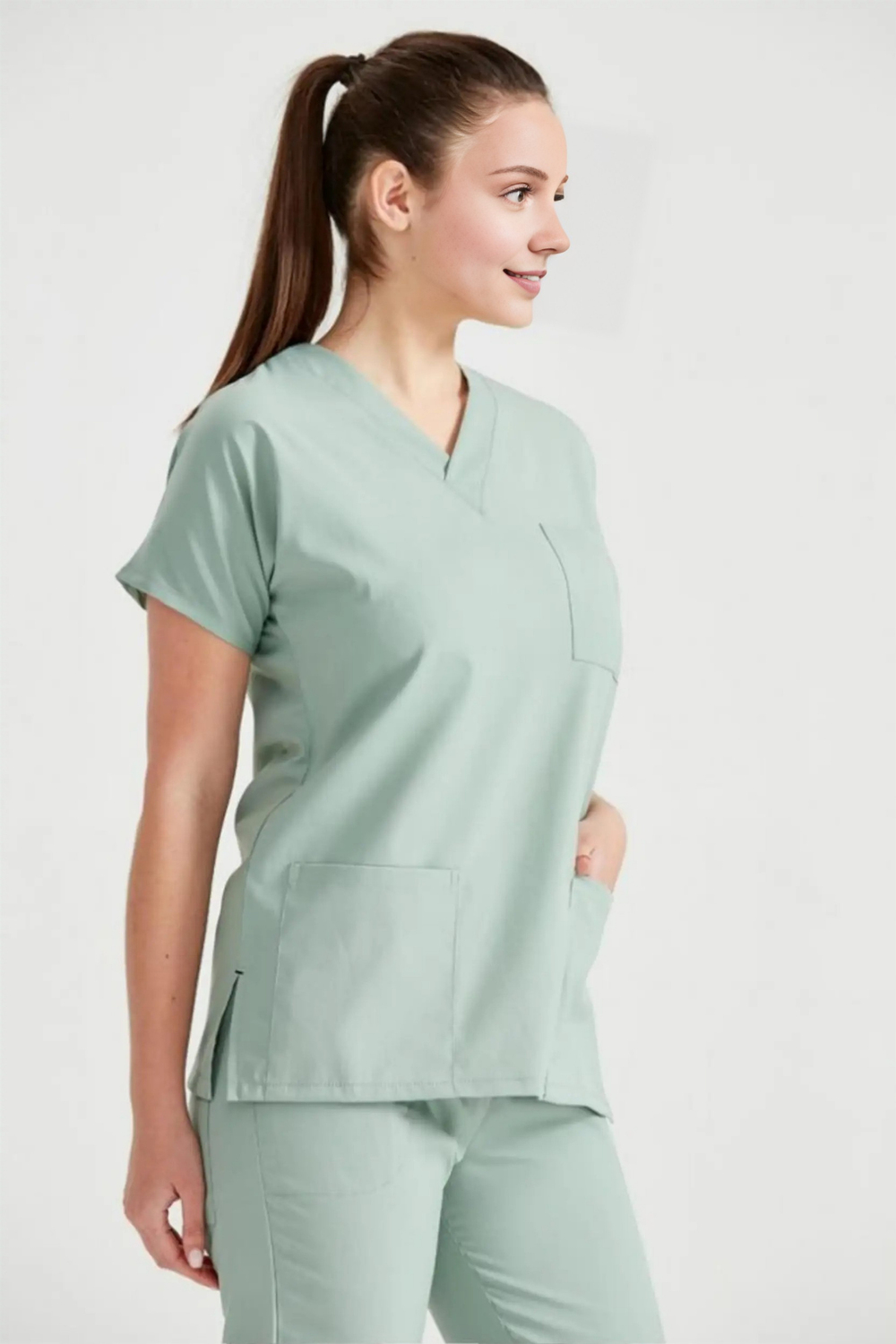 Küf Yeşili Likralı Medikal Doktor Hemşire Kadın/Erkek Unisex Scrubs Yaka Forma Takım