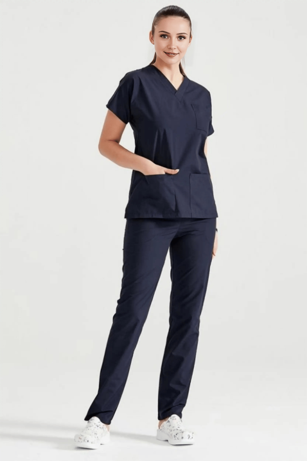 Lacivert Likralı Medikal Doktor Hemşire Kadın/Erkek Unisex Scrubs Yaka Forma Takım