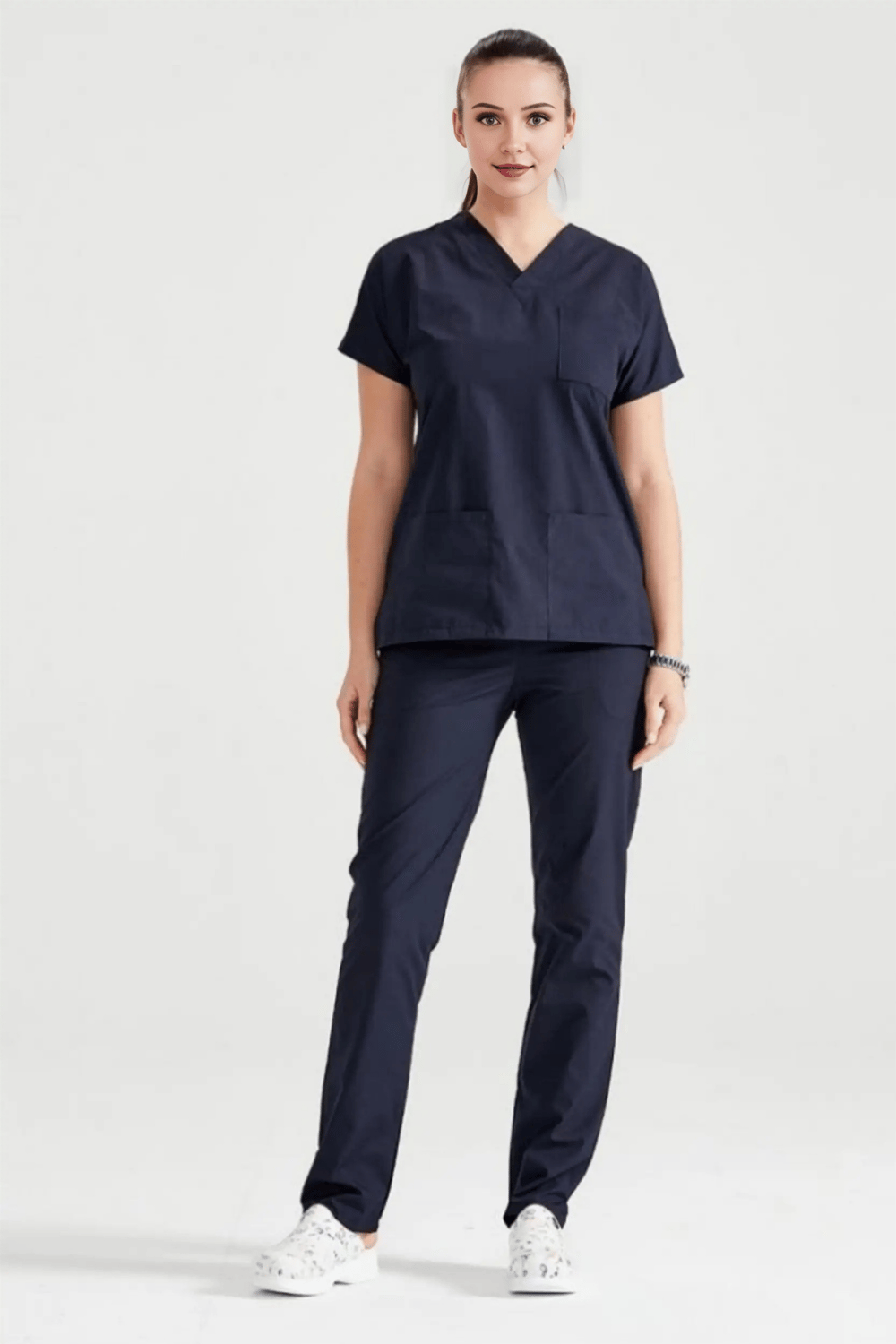 Lacivert Likralı Medikal Doktor Hemşire Kadın/Erkek Unisex Scrubs Yaka Forma Takım