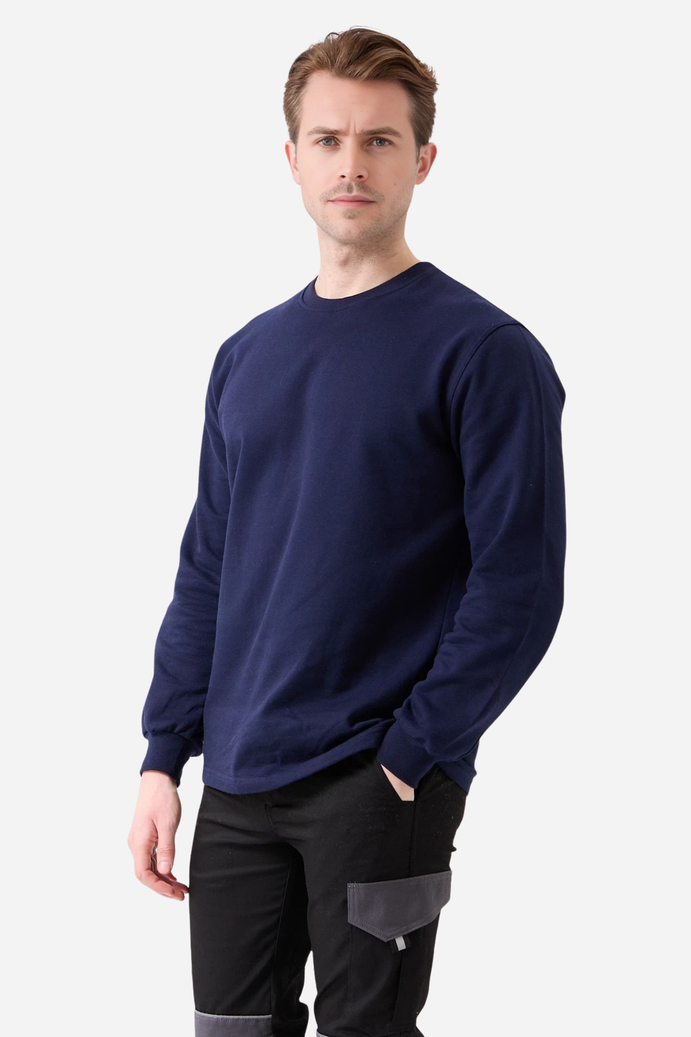 Lacivert Pamuklu Ve Uzun Kollu Kışlık Kadın/Erkek Unisex O/Bisiklet Yaka Sweatshirt
