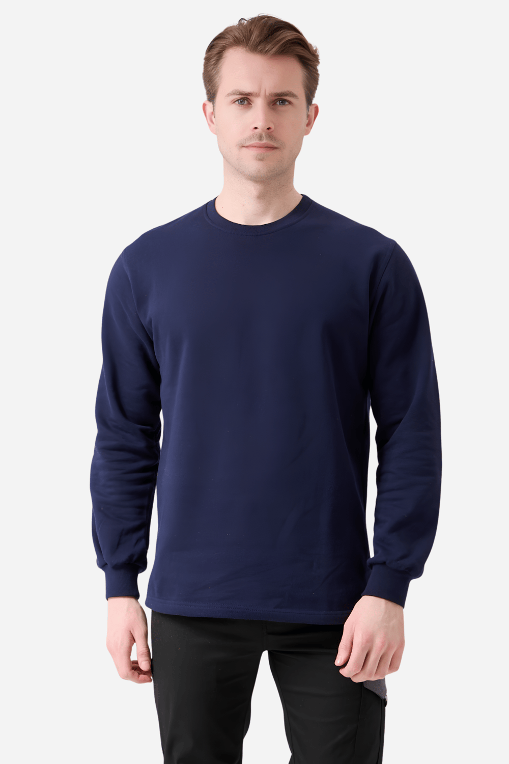 Lacivert Pamuklu Ve Uzun Kollu Kışlık Kadın/Erkek Unisex O/Bisiklet Yaka Sweatshirt