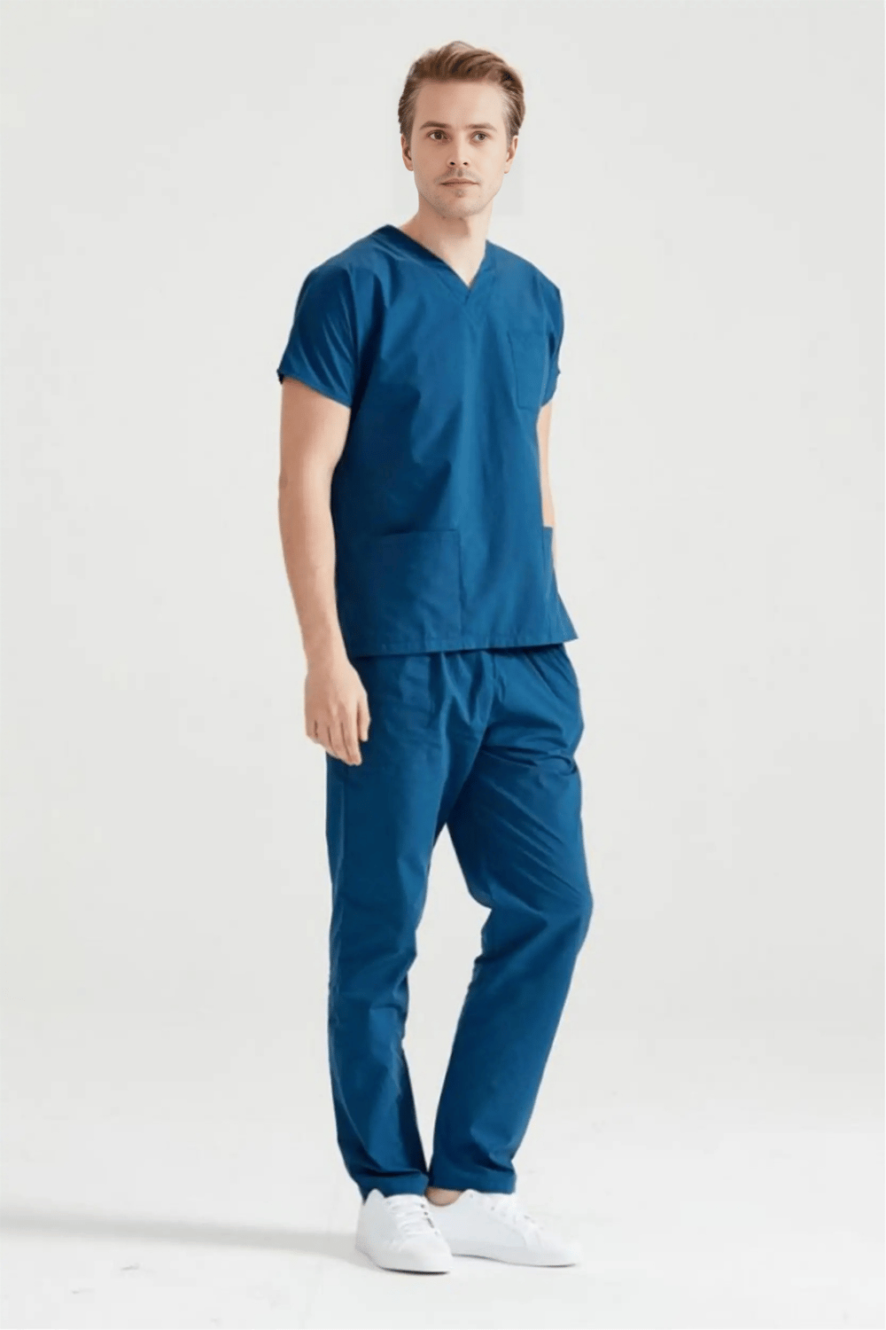 Petrol Mavisi Likralı Medikal Doktor Hemşire Kadın/Erkek Unisex Scrubs Yaka Forma Takım