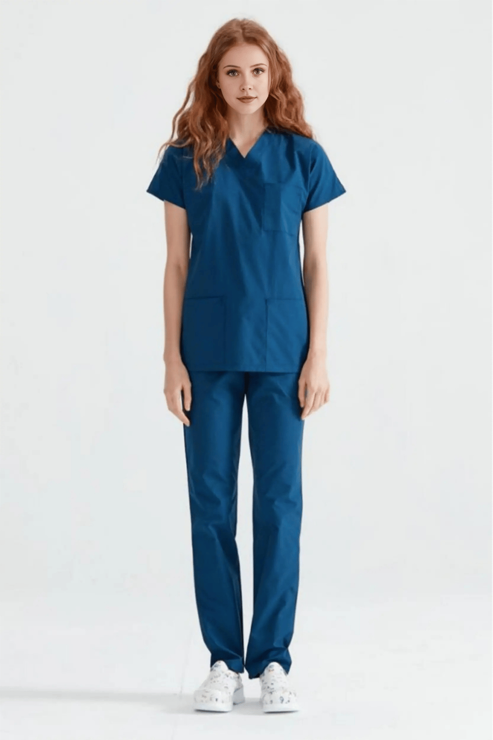 Petrol Mavisi Likralı Medikal Doktor Hemşire Kadın/Erkek Unisex Scrubs Yaka Forma Takım
