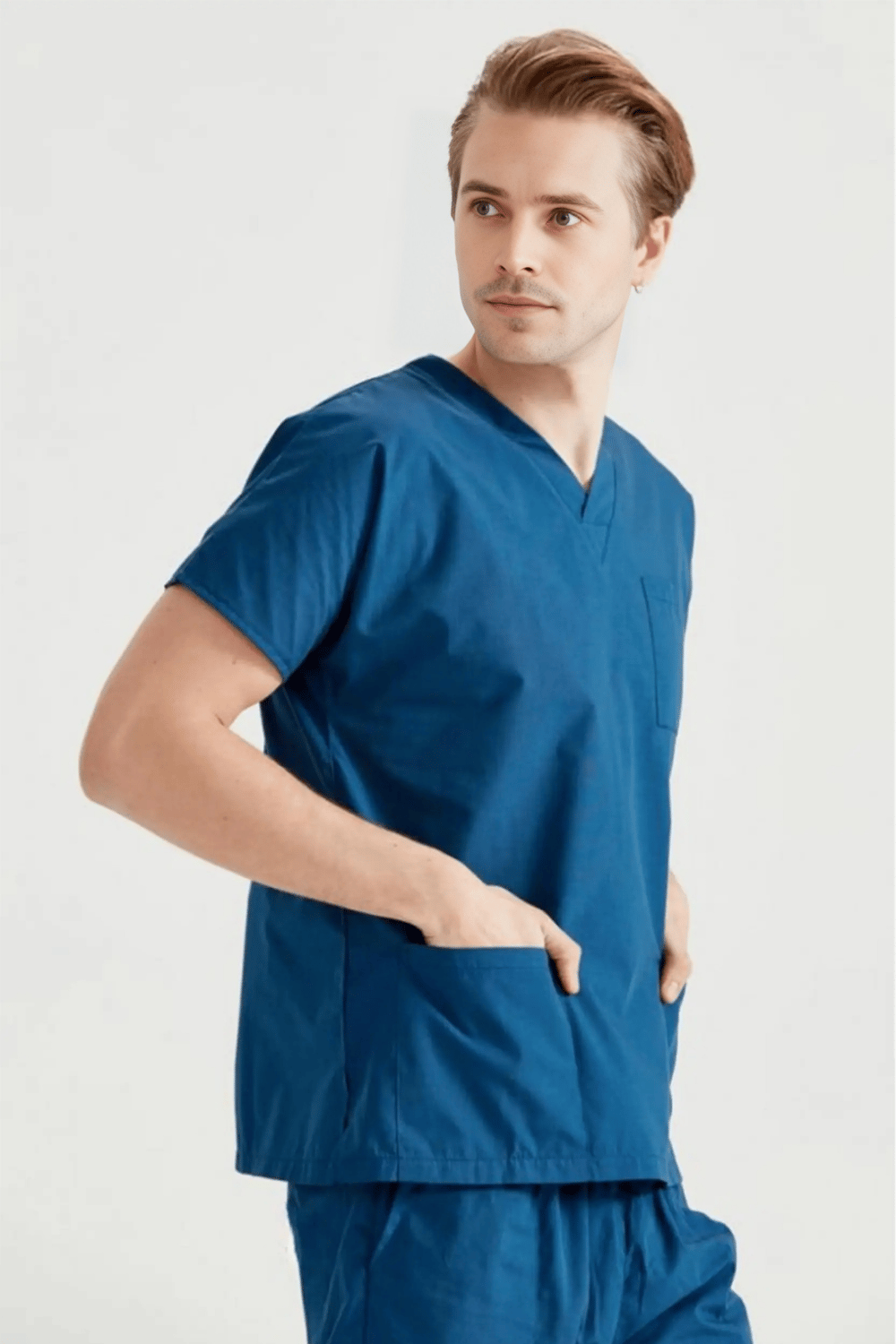 Petrol Mavisi Likralı Medikal Doktor Hemşire Kadın/Erkek Unisex Scrubs Yaka Forma Takım
