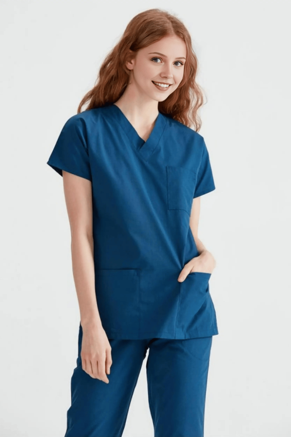 Petrol Mavisi Likralı Medikal Doktor Hemşire Kadın/Erkek Unisex Scrubs Yaka Forma Takım