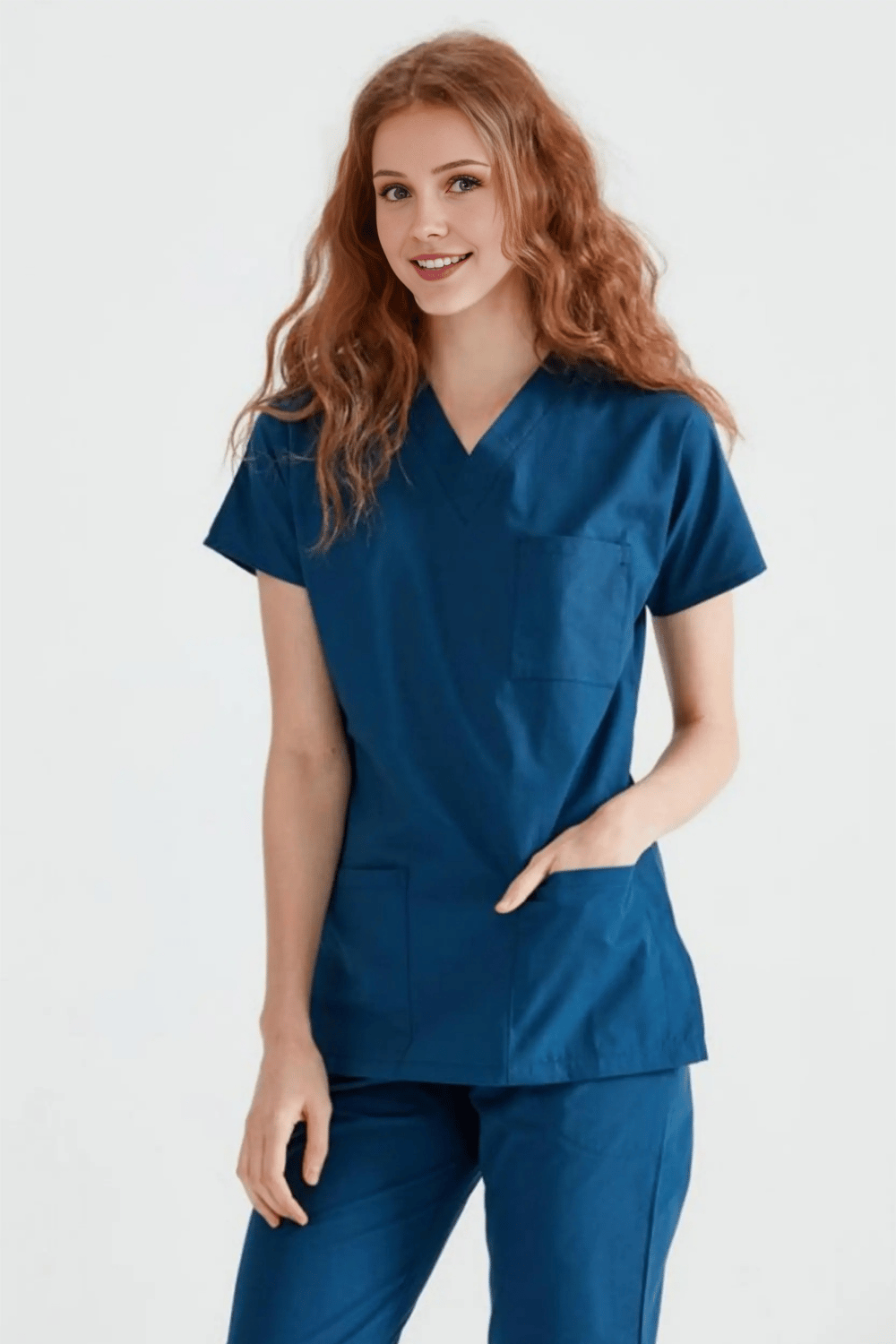 Petrol Mavisi Likralı Medikal Doktor Hemşire Kadın/Erkek Unisex Scrubs Yaka Forma Takım