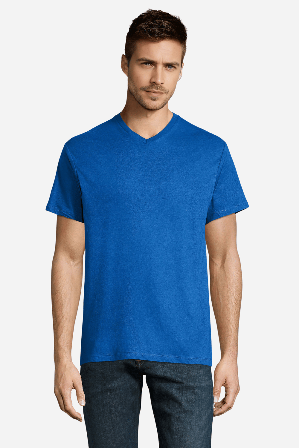 Saks Mavi Pamuklu ve Kısa Kollu Kadın/Erkek Unisex V Yaka Tişört