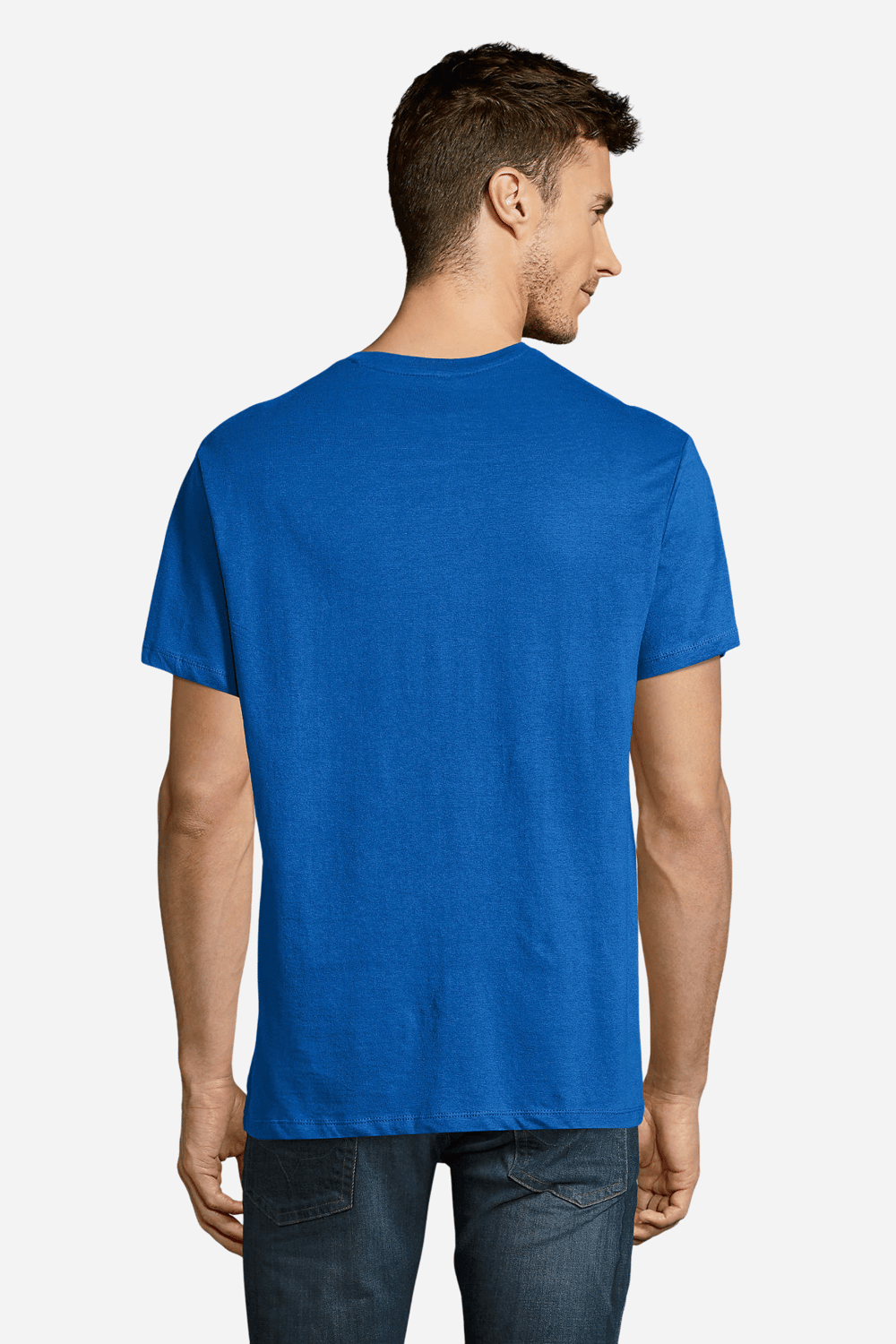 Saks Mavi Pamuklu ve Kısa Kollu Kadın/Erkek Unisex V Yaka Tişört