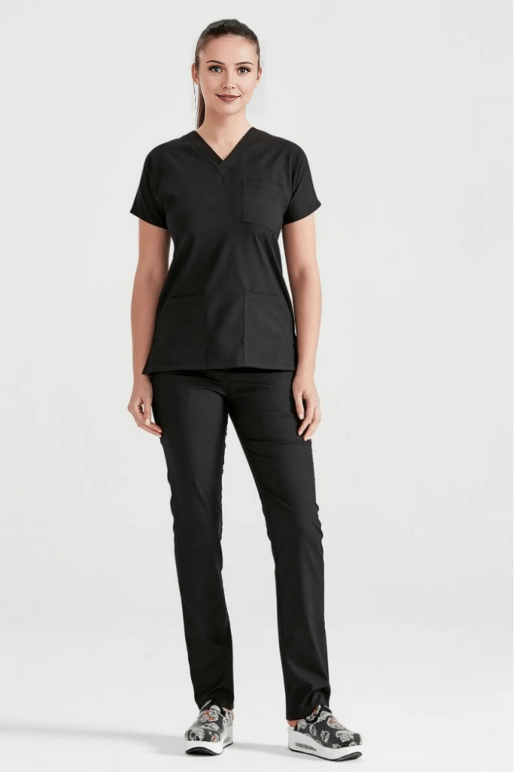 Siyah Likralı Medikal Doktor Hemşire Kadın/Erkek Unisex Scrubs Yaka Forma Takım