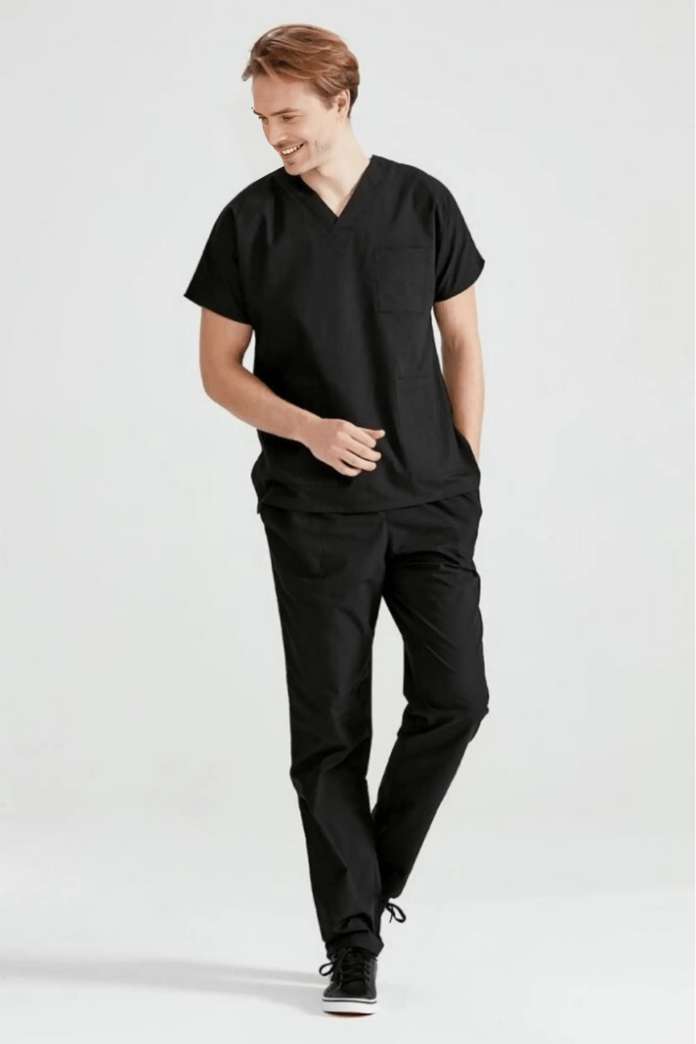 Siyah Likralı Medikal Doktor Hemşire Kadın/Erkek Unisex Scrubs Yaka Forma Takım