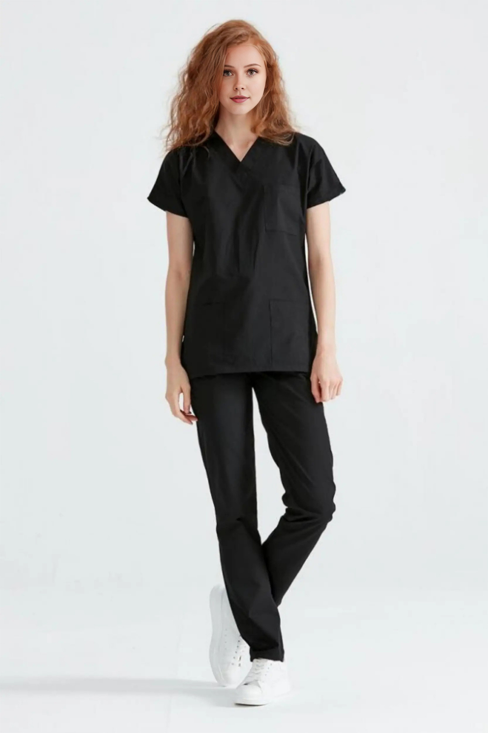 Siyah Likralı Medikal Doktor Hemşire Kadın/Erkek Unisex Scrubs Yaka Forma Takım