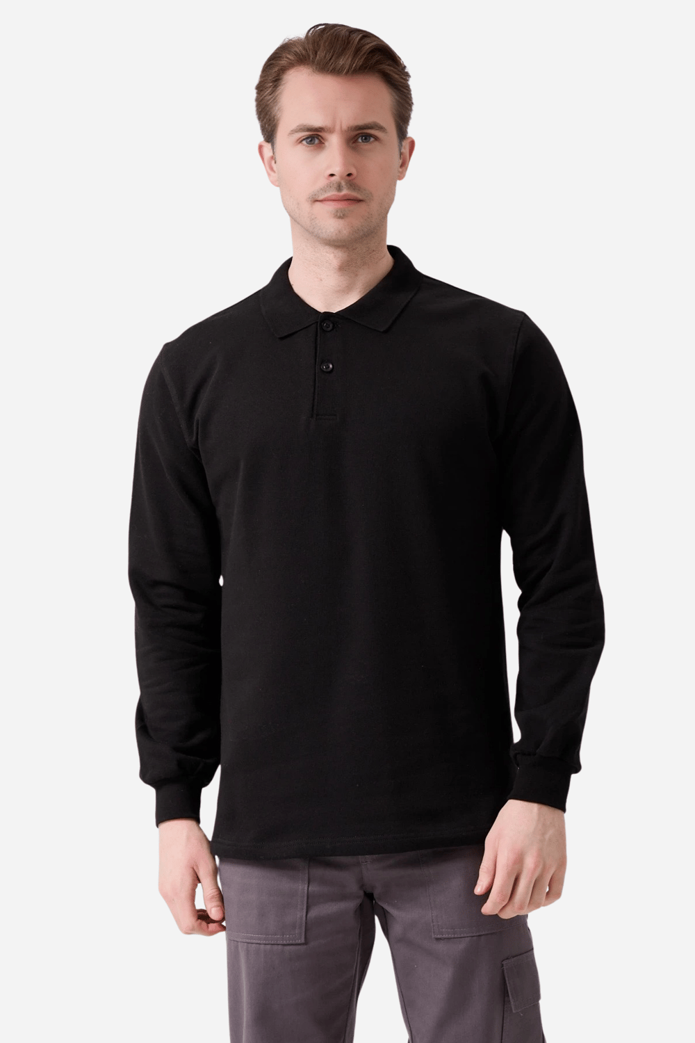 Siyah Pamuklu Ve Uzun Kollu Kışlık Kadın/Erkek Unisex Polo Yaka Sweatshirt