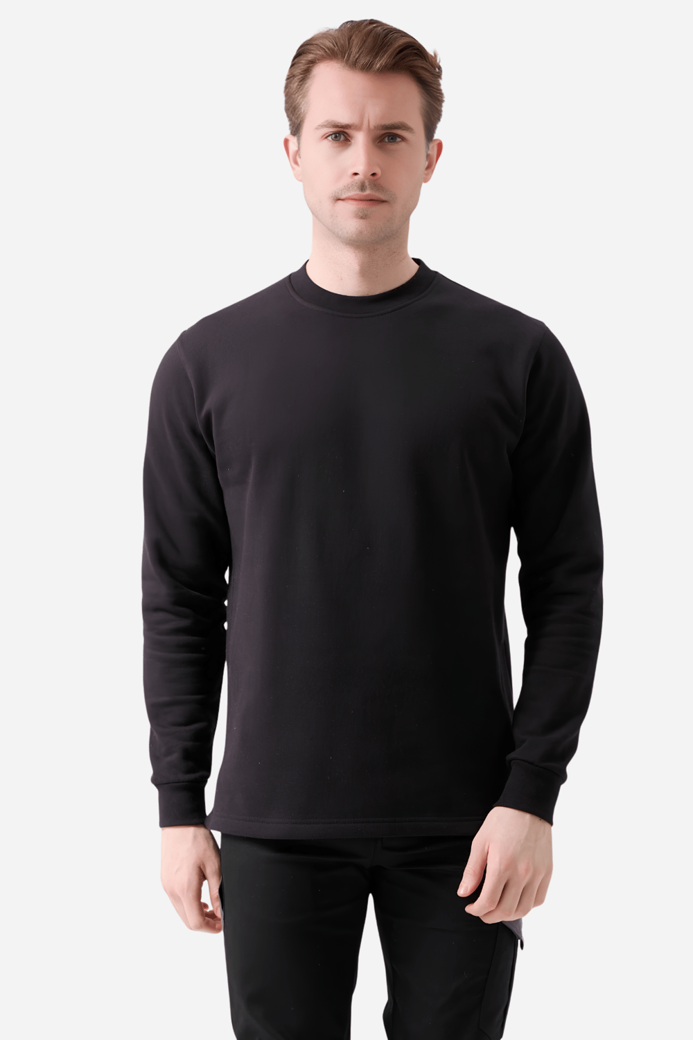 Siyah Pamuklu Ve Uzun Kollu Kışlık Kadın/Erkek Unisex O/Bisiklet Yaka Sweatshirt
