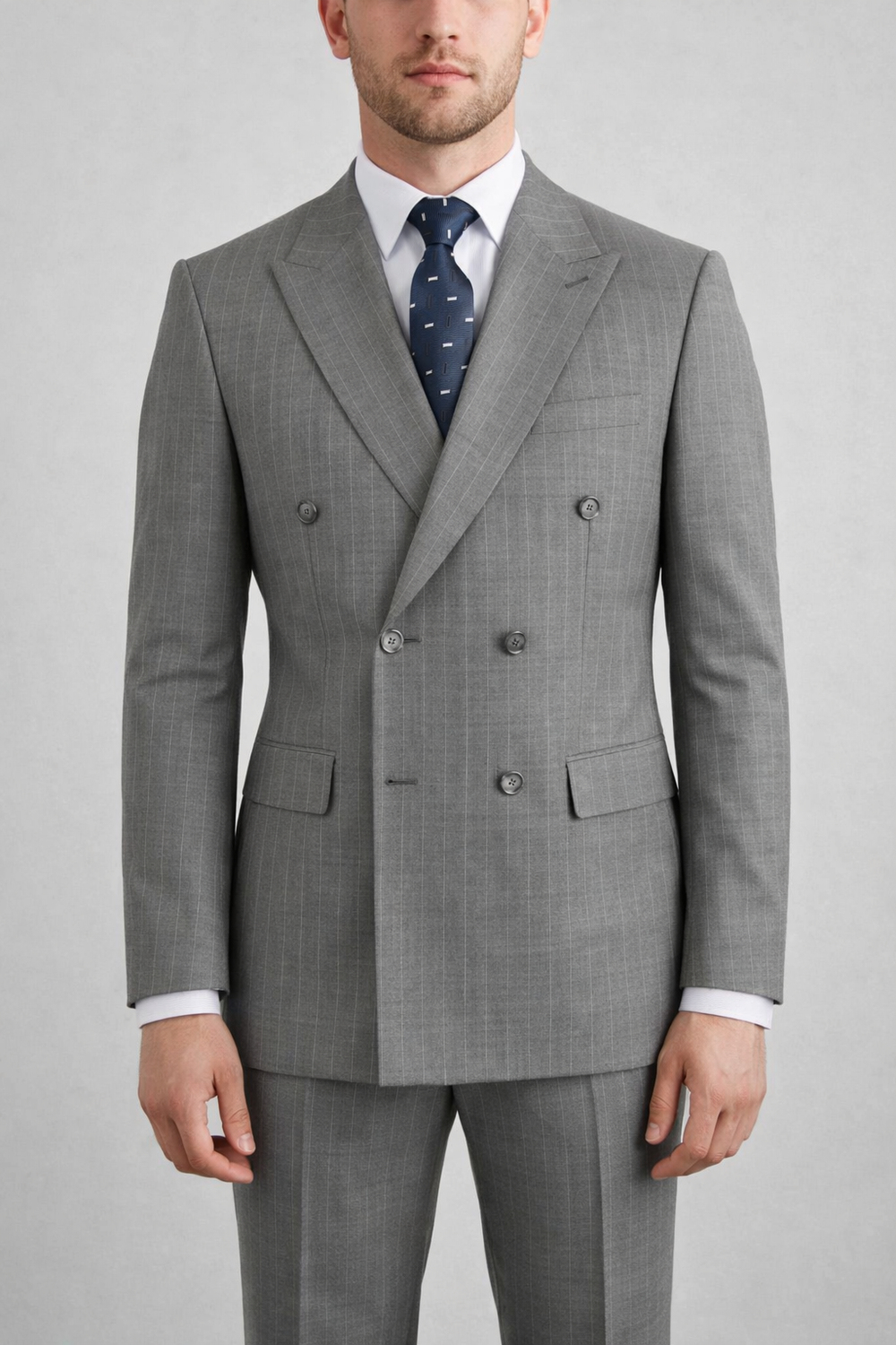 Erkek Slim Fit Gri Renk Çizgili Kruvaze Takım Elbise