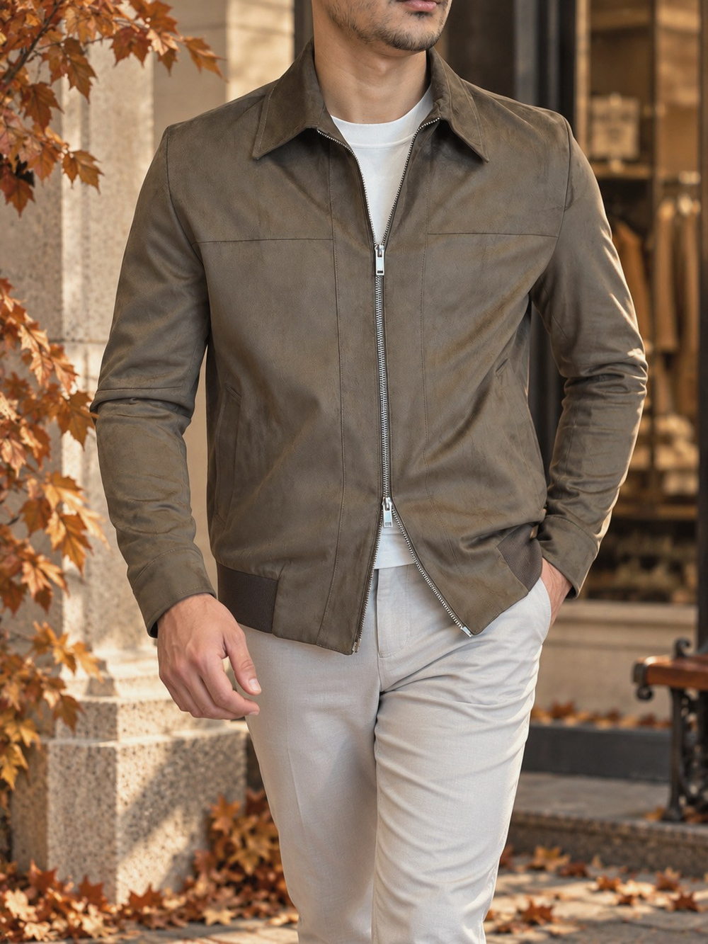Erkek Slim Fit Haki Renk Nubuk Mont