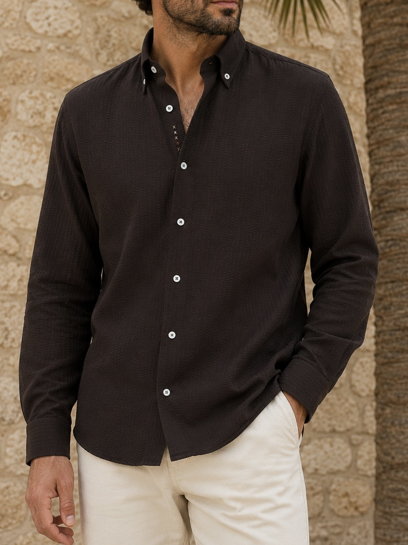 Erkek Slim Fit Kahverengi Gofre Gömlek