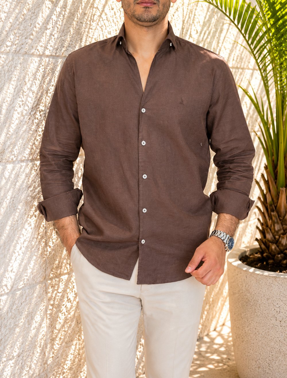 Erkek Slim Fit Kahverengi Keten Gömlek