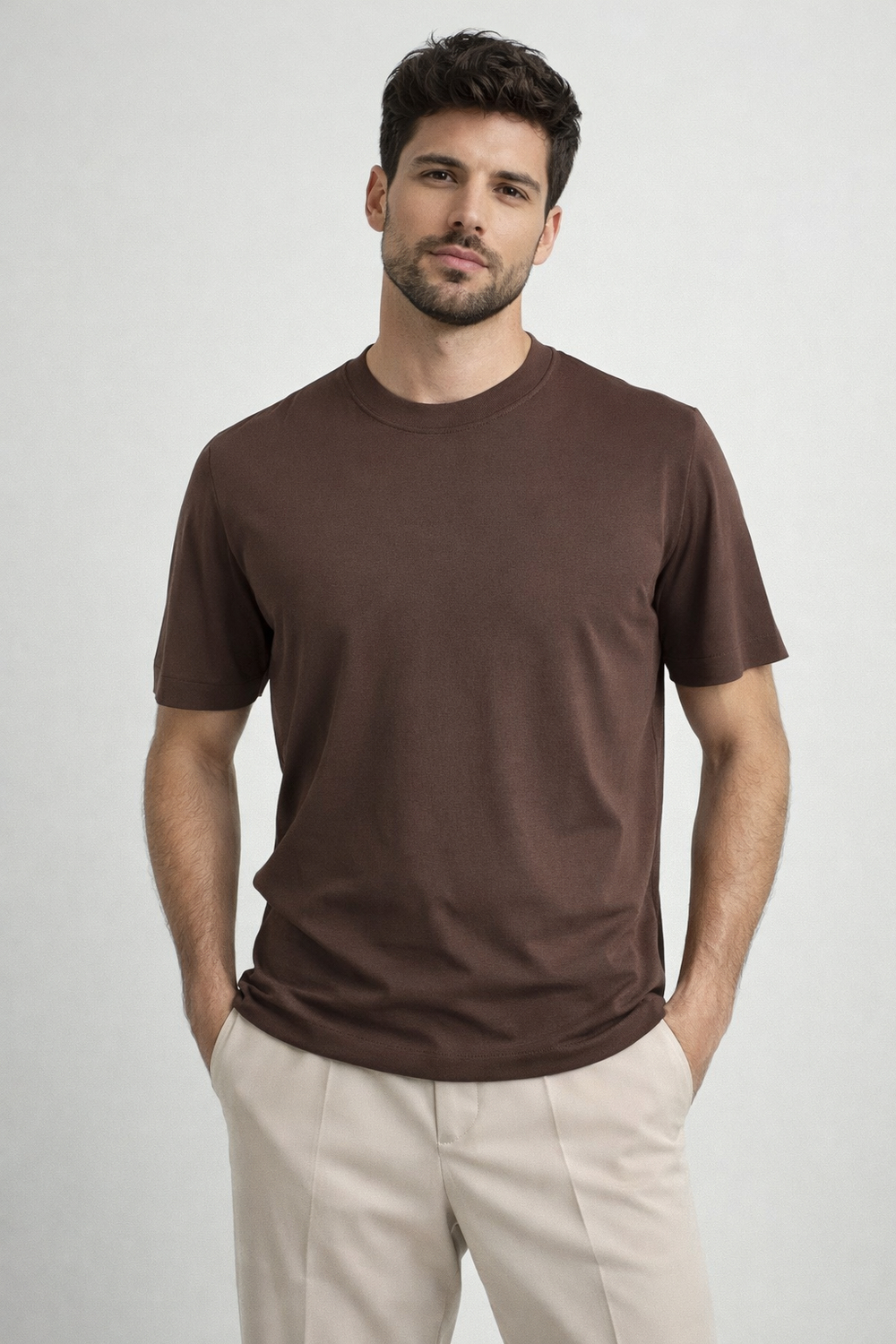 Erkek Slim Fit Kahverengi Rayon Tişört
