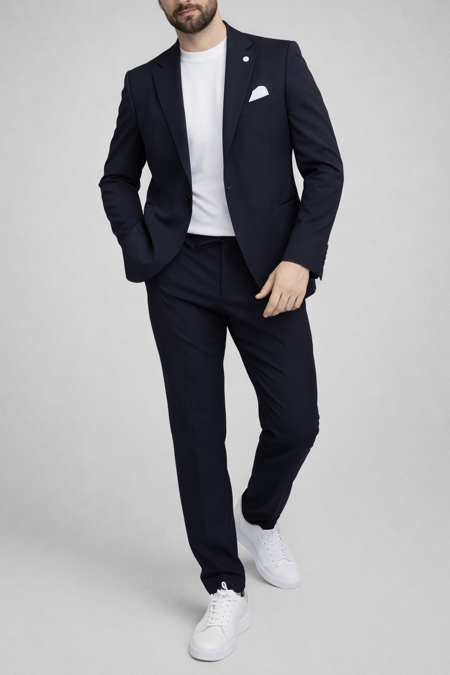 Erkek Slim Fit Lacivert Renk İpli Spor Takım Elbise