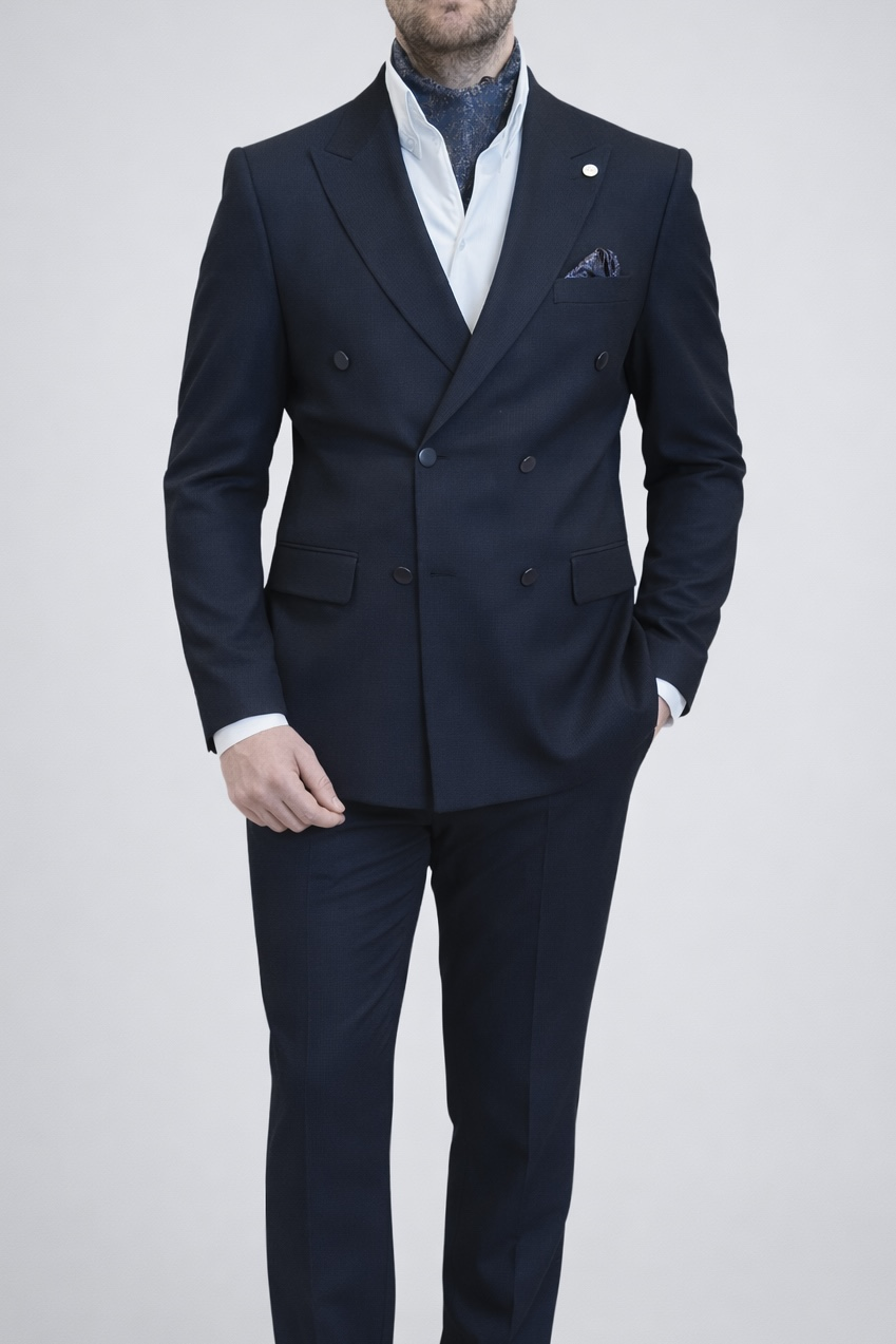 Erkek Slim Fit Lacivert Renk Kruvaze Takım Elbise