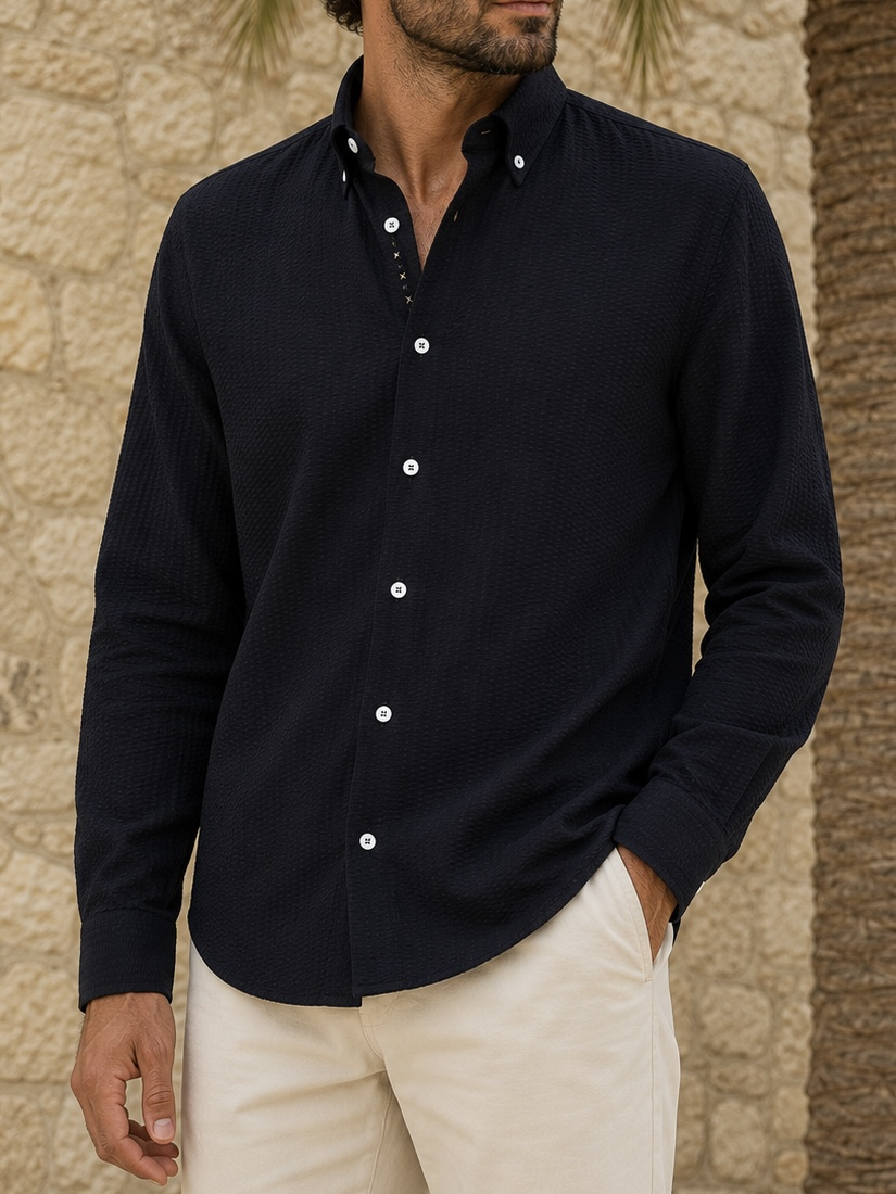 Erkek Slim Fit Siyah Renk Gofre Gömlek
