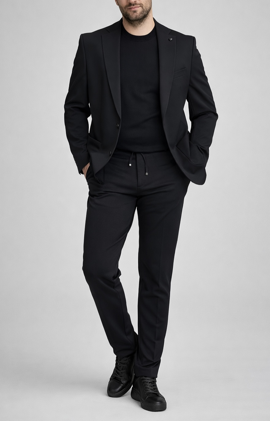 Erkek Slim Fit Siyah Renk İpli Spor Takım Elbise