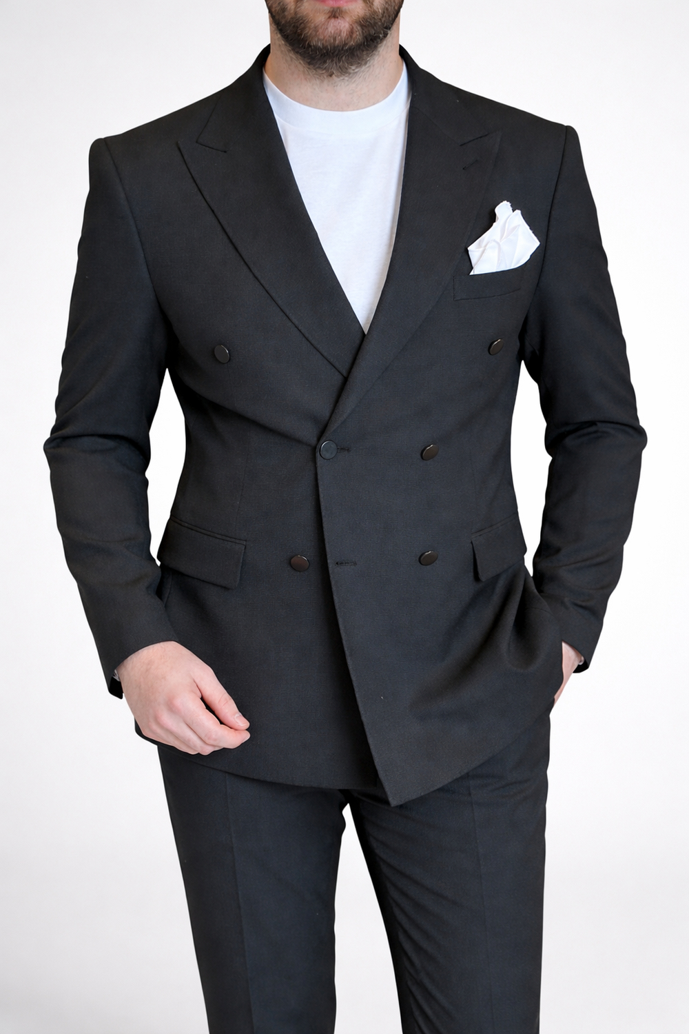 Erkek Slim Fit Siyah Renk Kruvaze Takım Elbise