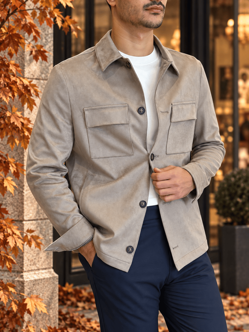 Erkek Slim Fit Vizon Renk Nubuk Ceket