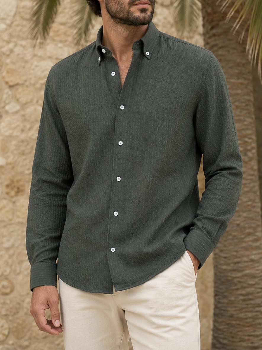 Erkek Slim Fit Yeşil Renk Gofre Gömlek