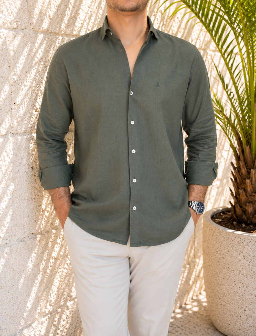 Erkek Slim Fit Yeşil Renk Keten Gömlek