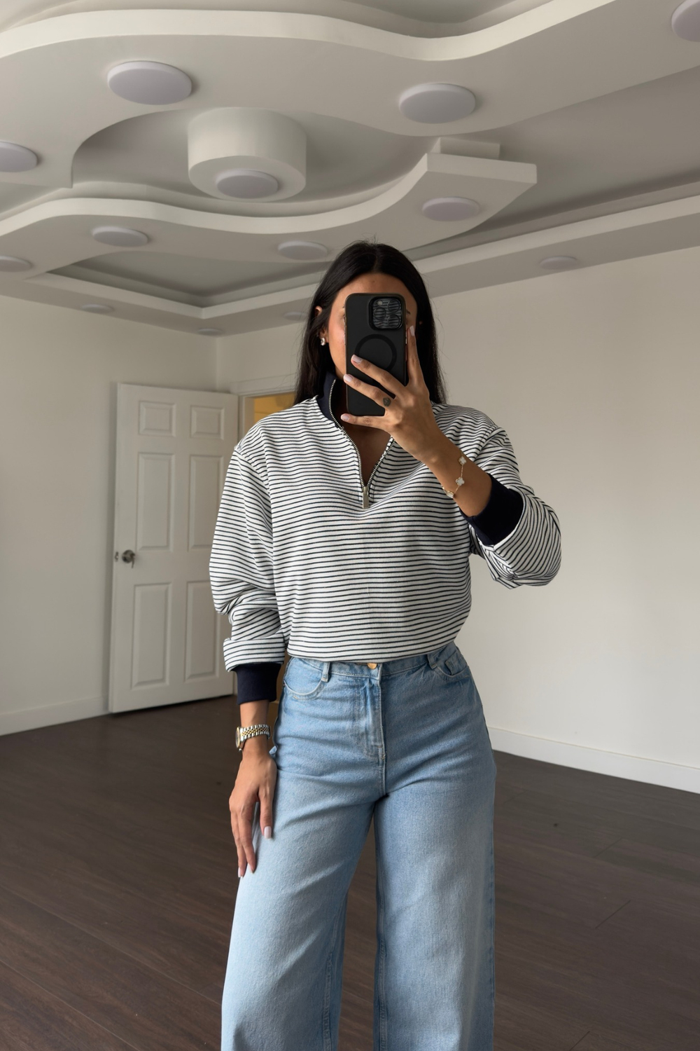  Çizgili Fermuarlı Sweatshirt-Lacivert Beyaz