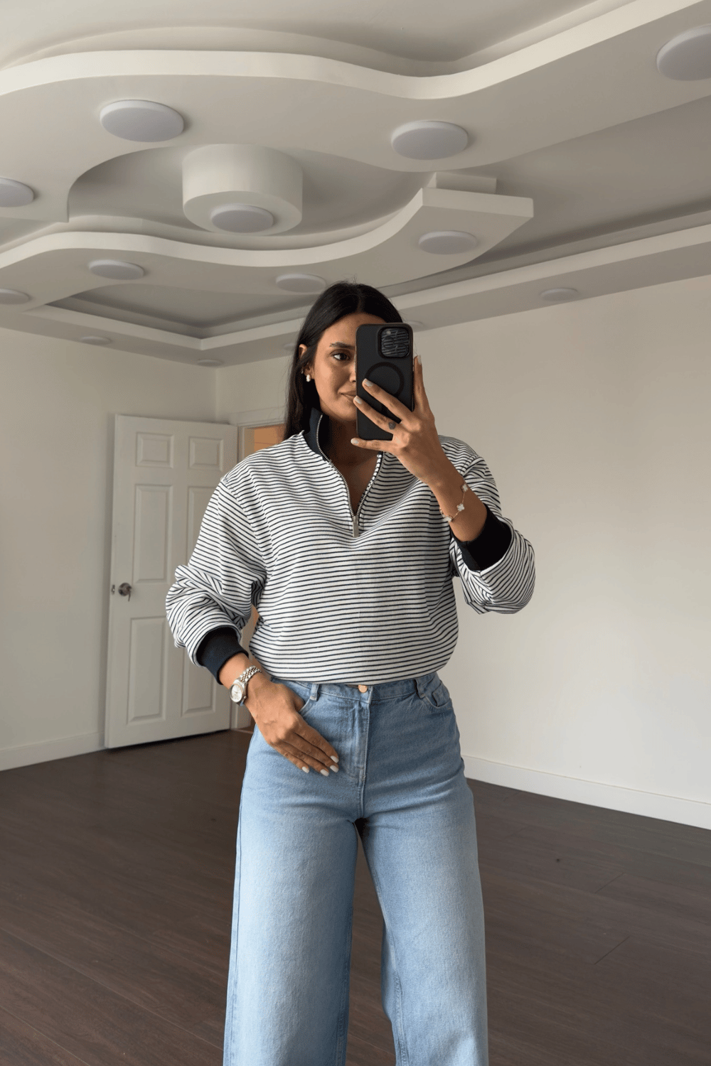  Çizgili Fermuarlı Sweatshirt-Lacivert Beyaz
