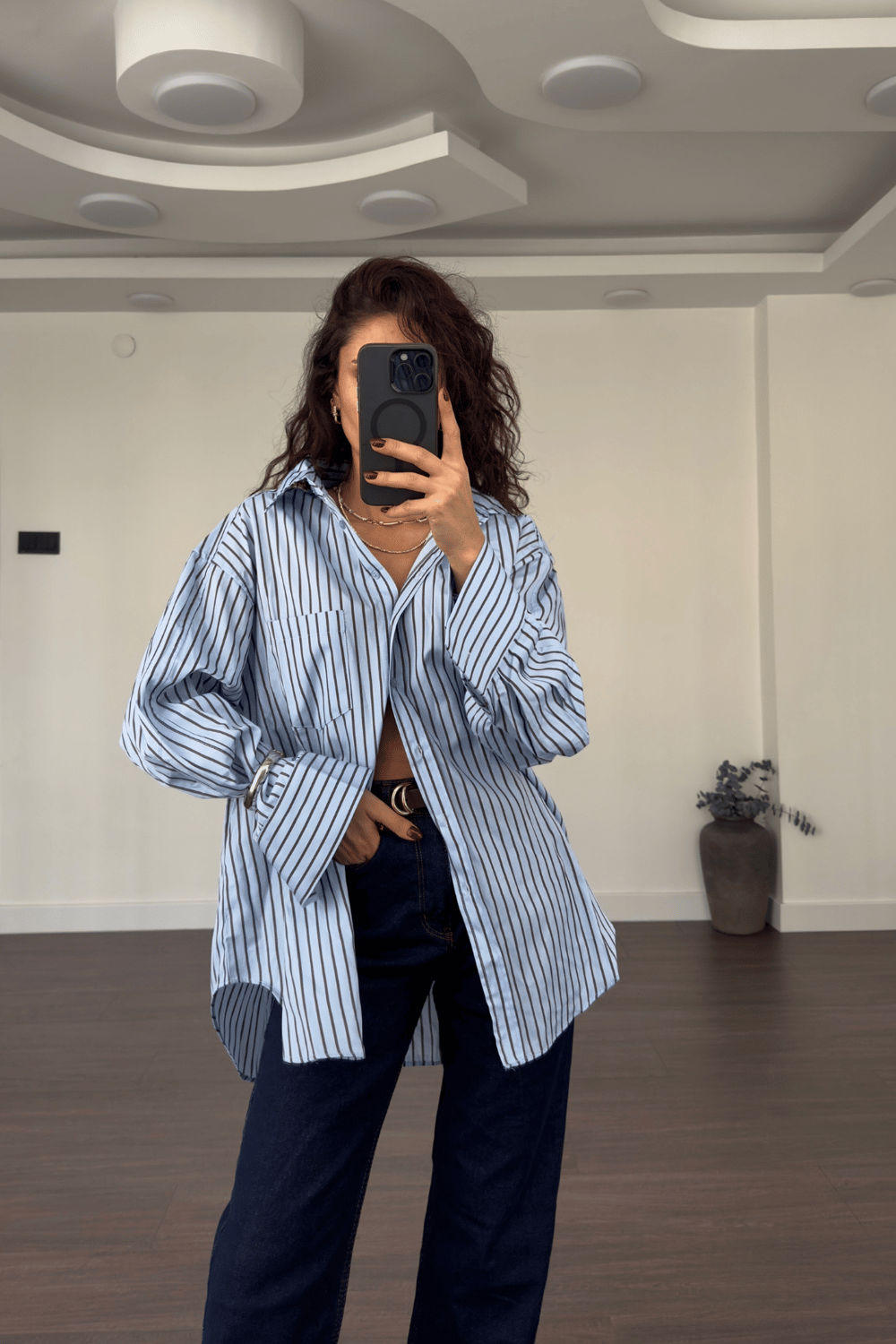 Acı Kahve Çizgili Poplin Gömlek-Mavi