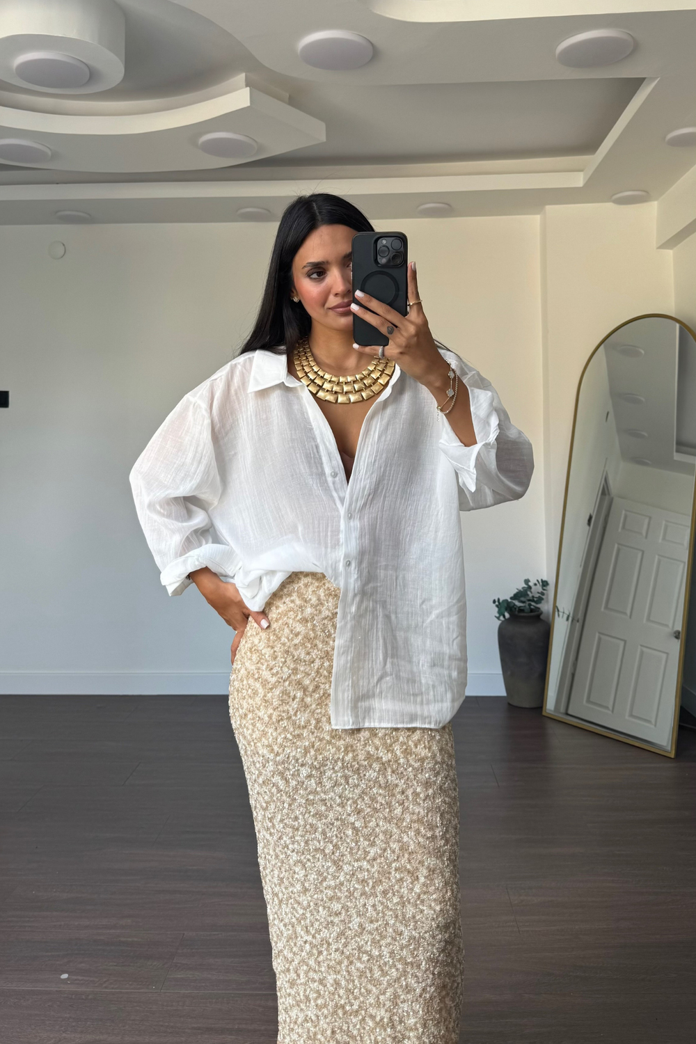 Açık Yaka Pamuklu Oversize Gömlek-Beyaz