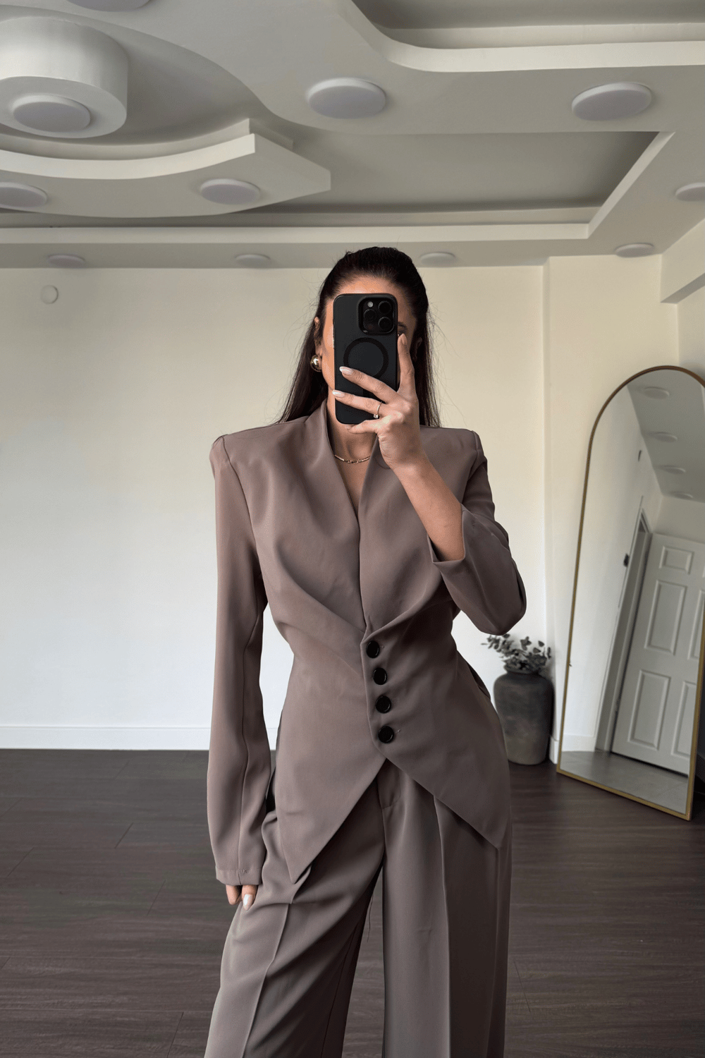 Arkası Bağlamalı Ceket Pantolon Takım-Vizon