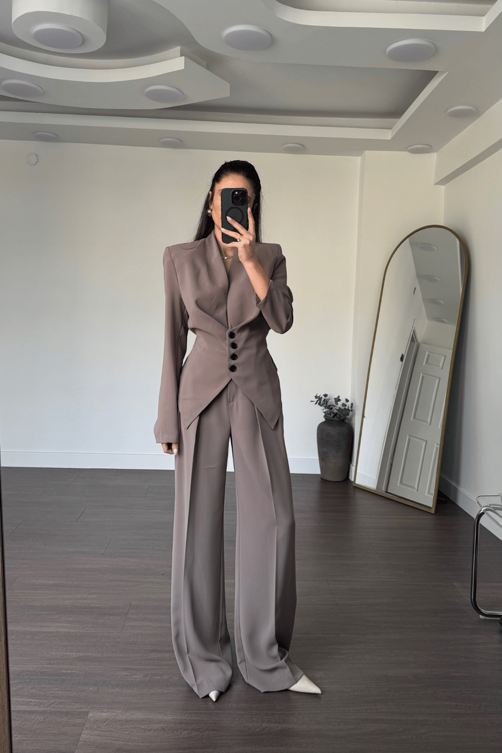 Arkası Bağlamalı Ceket Pantolon Takım-Vizon
