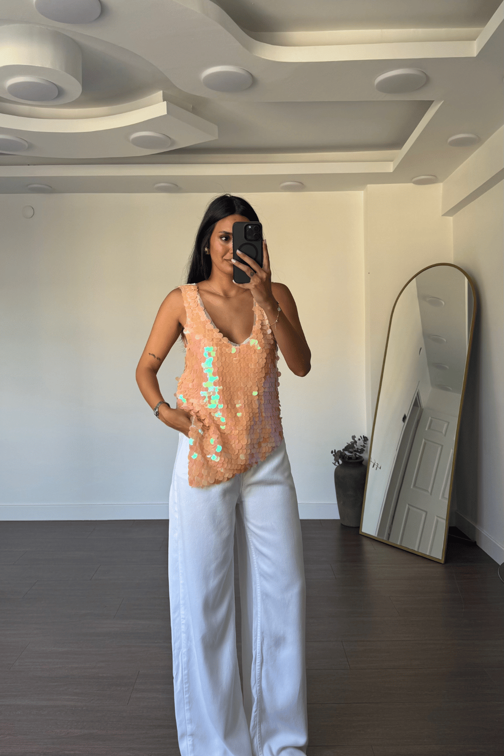 Asimetrik Kesim Payetli Bluz-Somon