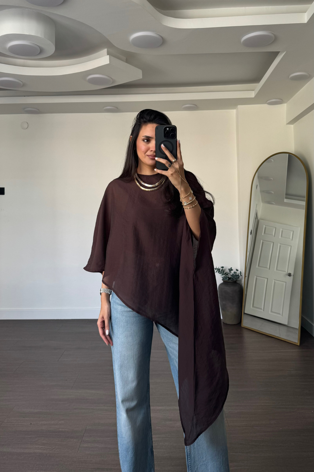Asimetrik Tensel Kumaş Bluz-Kahve