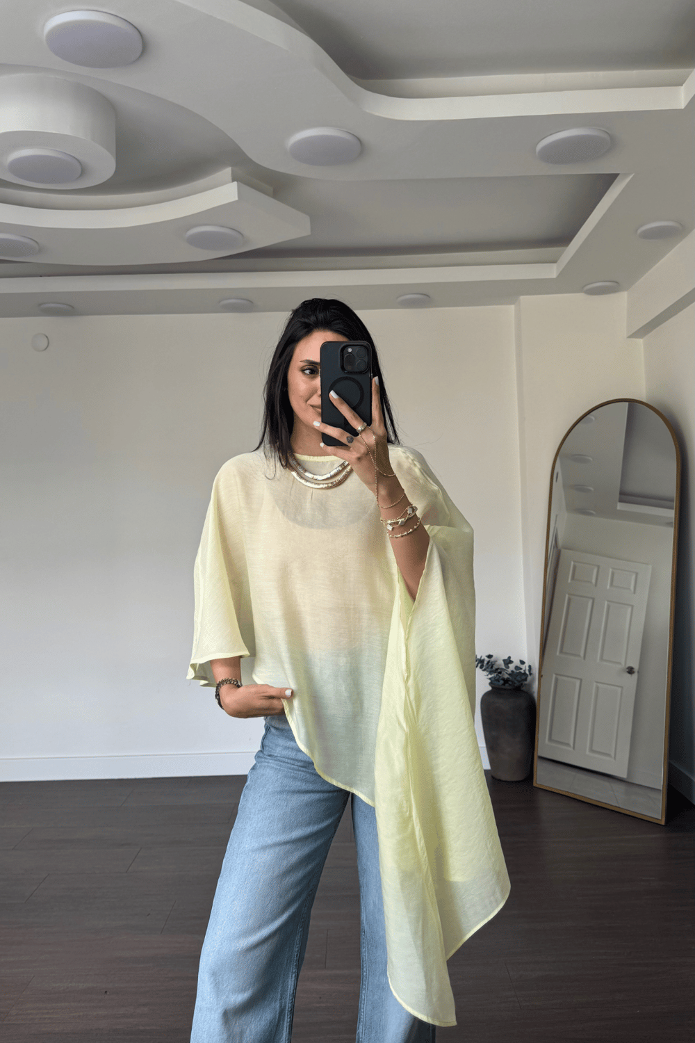 Asimetrik Tensel Kumaş Bluz-Sarı