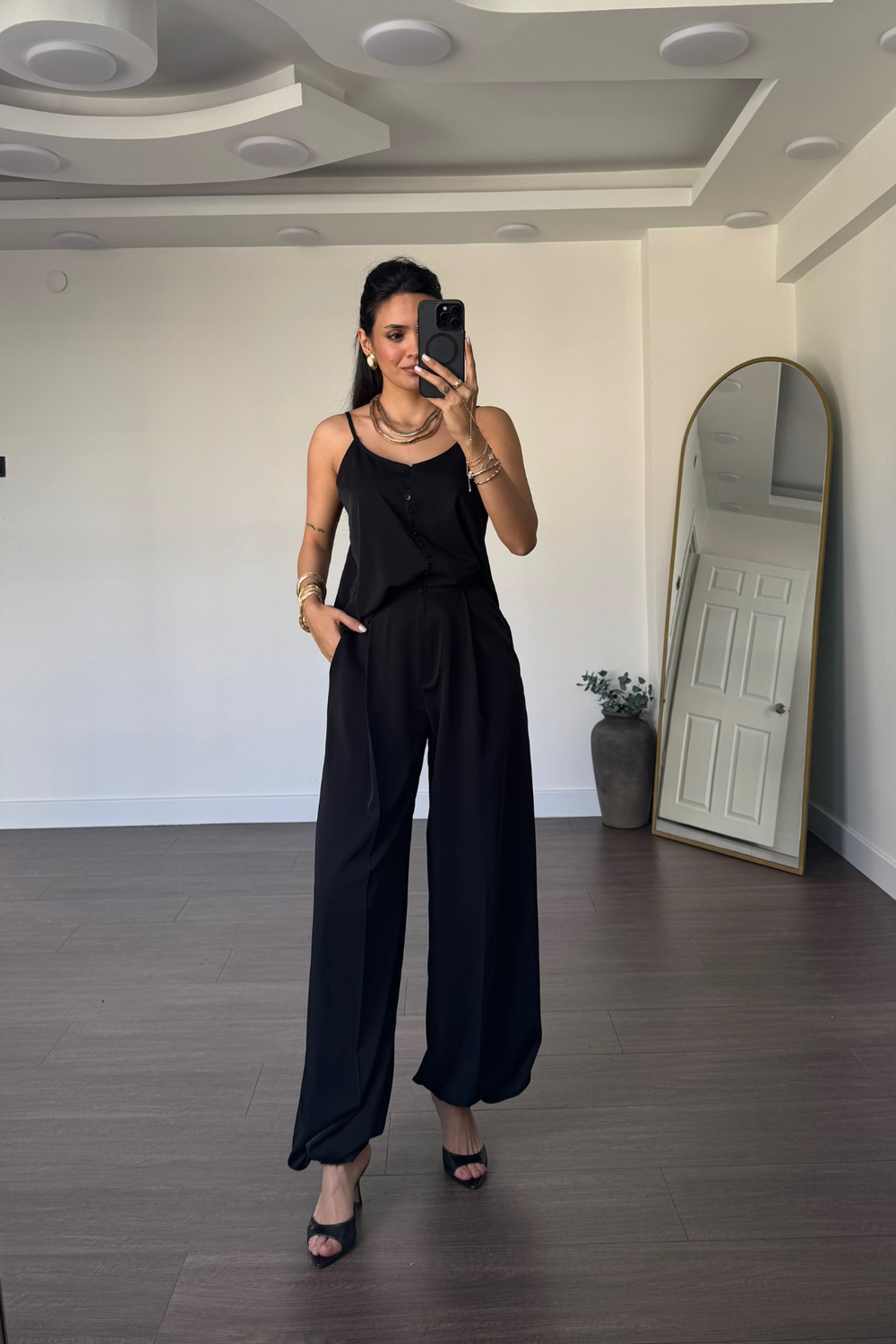 Askılı Bluz Şalvar Pantolon Takım-Siyah
