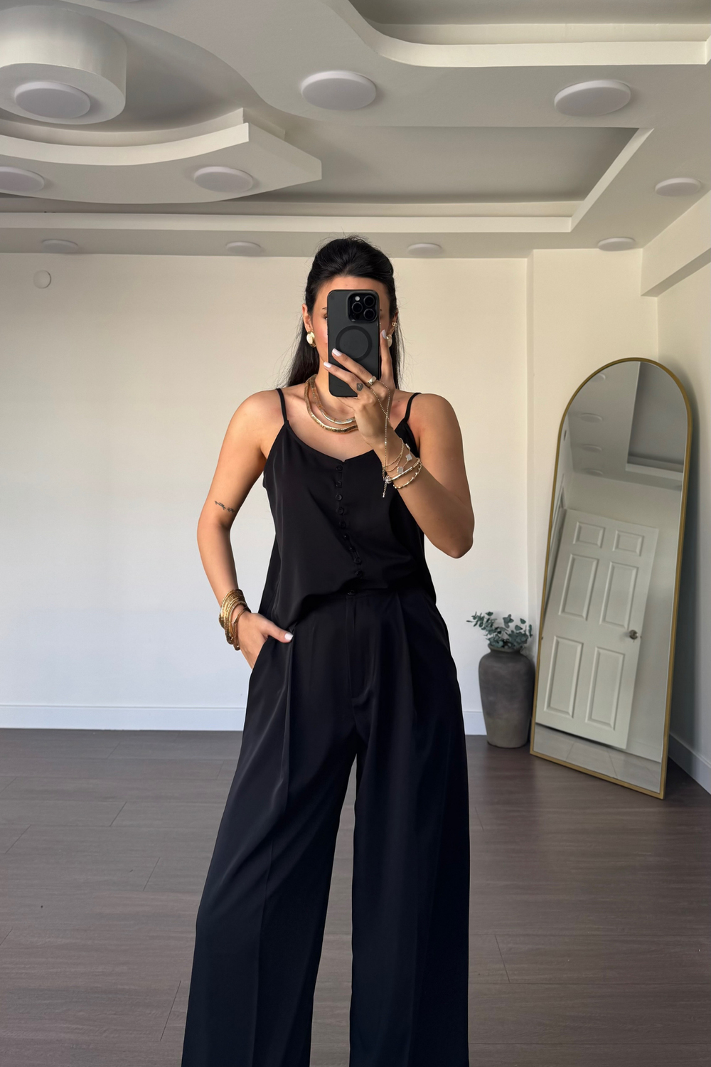 Askılı Bluz Şalvar Pantolon Takım-Siyah