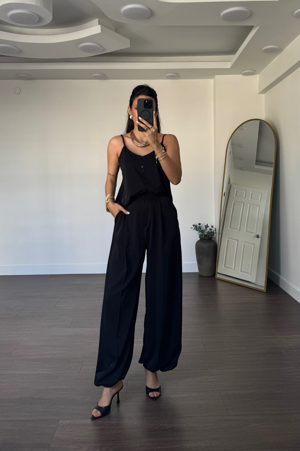 Askılı Bluz Şalvar Pantolon Takım-Siyah