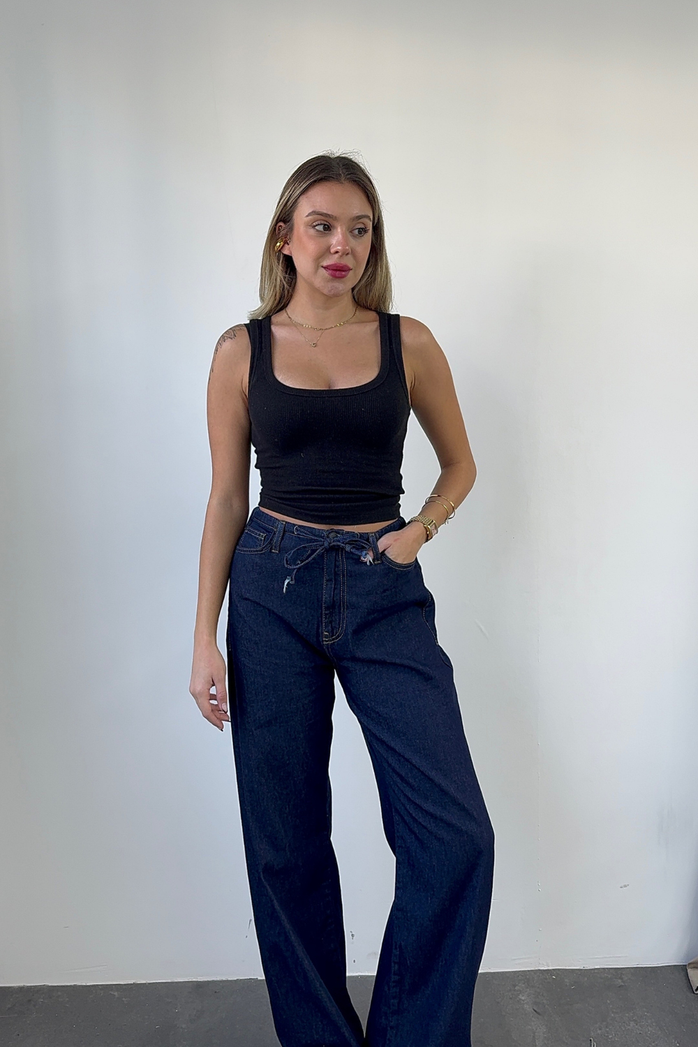 Bağcıklı Koyu Denim Pantolon
