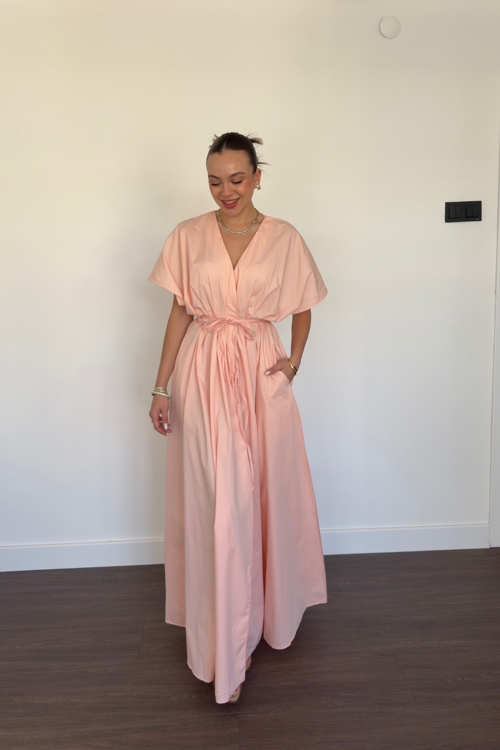 Bağlama Detaylı Düğmeli Elbise-Pembe