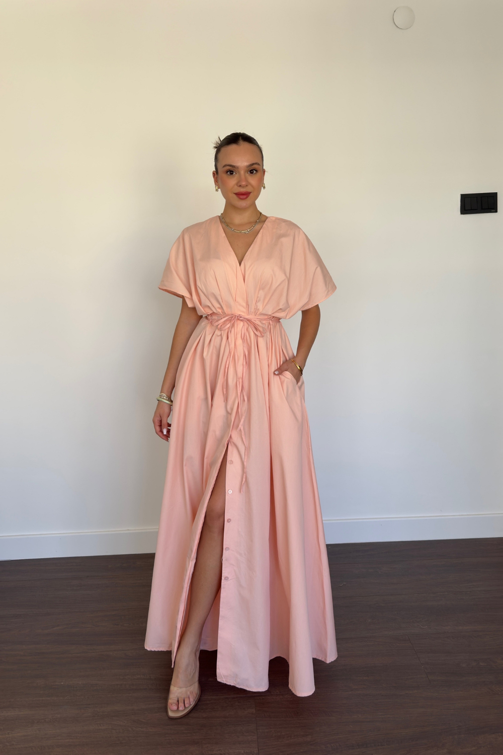 Bağlama Detaylı Düğmeli Elbise-Pembe