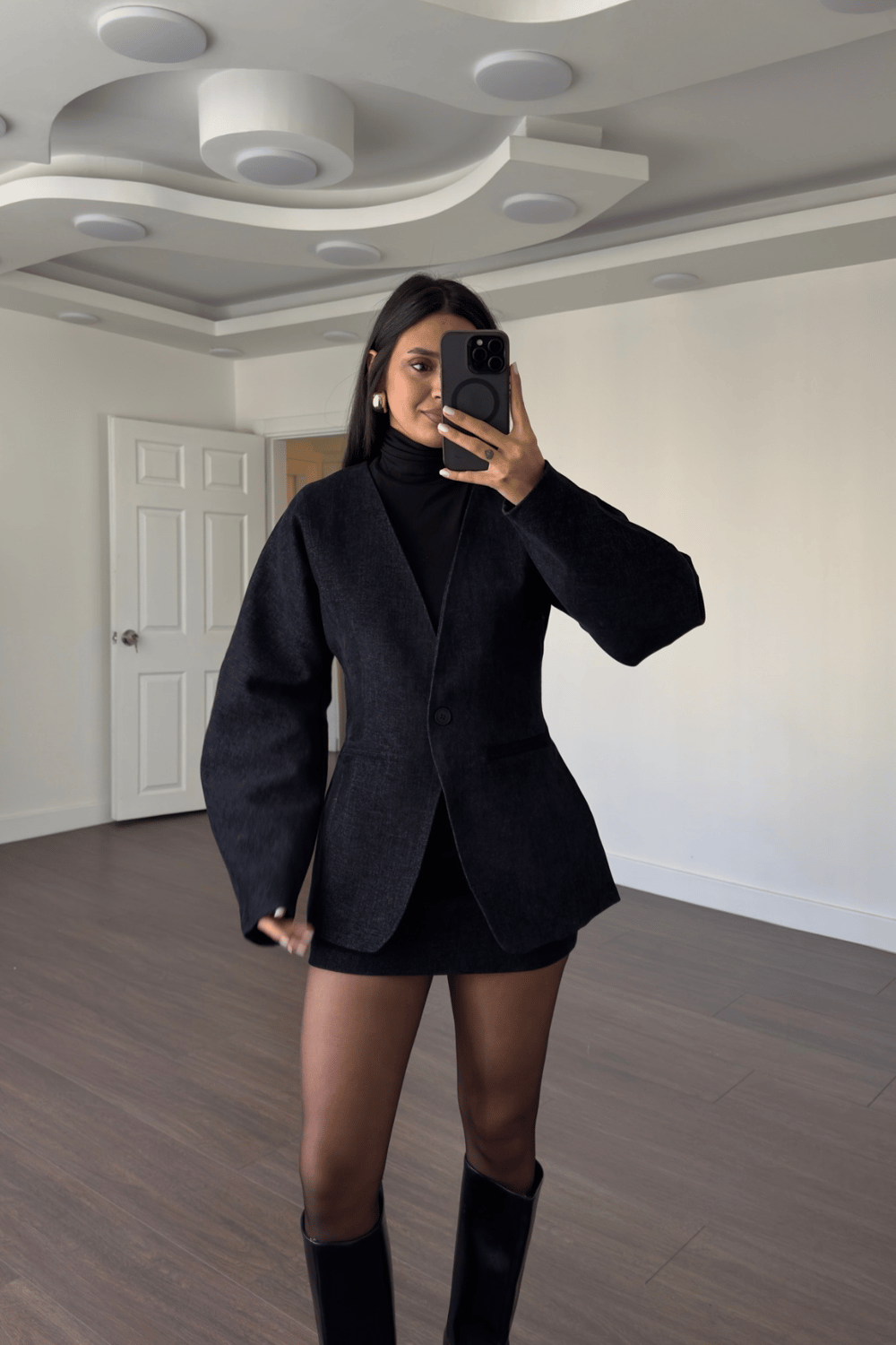 Balon Kol Blazer Ceket Etek Takım-Lacivert