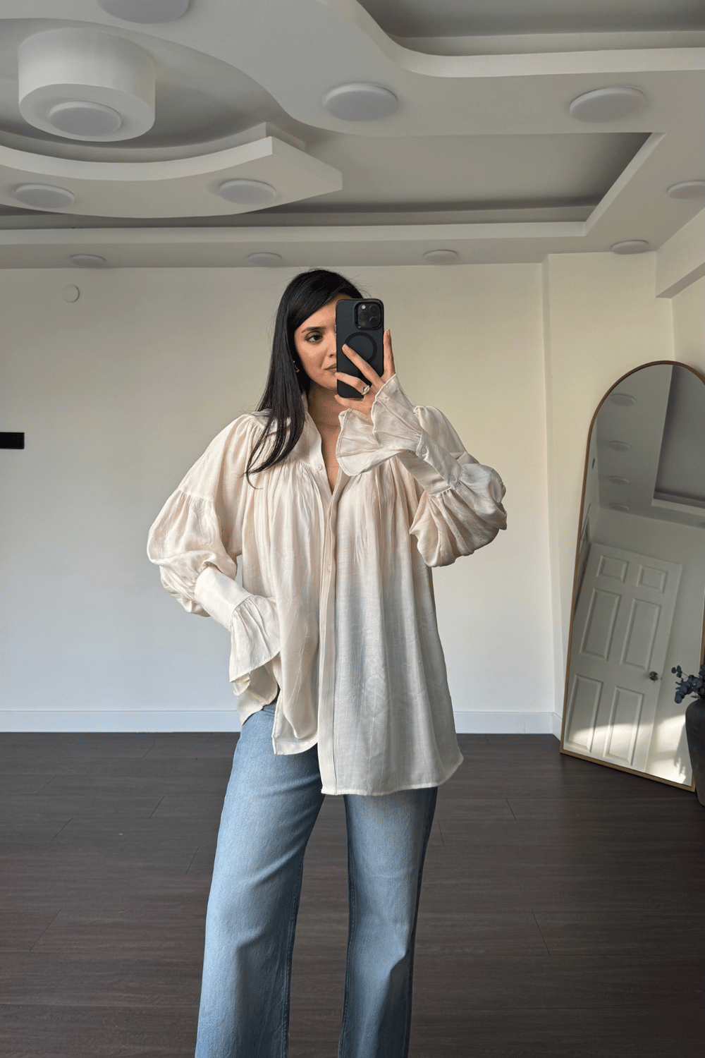 Balon Kol Oversize Gömlek-Ekru