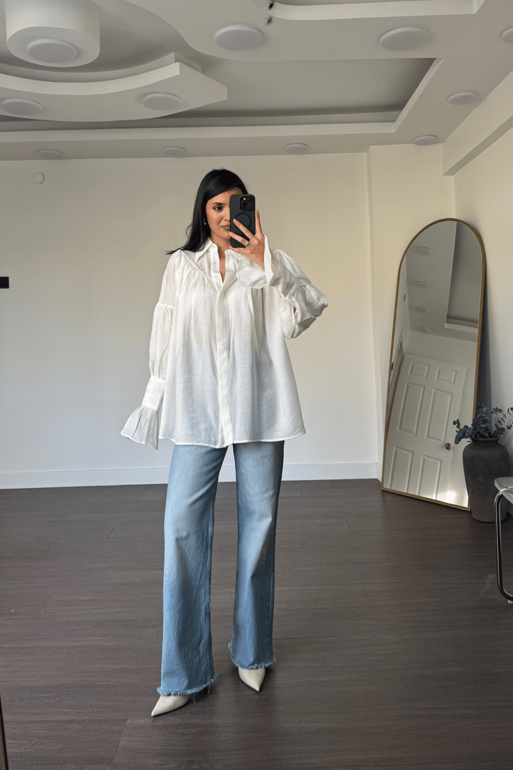 Balon Kollu Oversize Gömlek-Beyaz