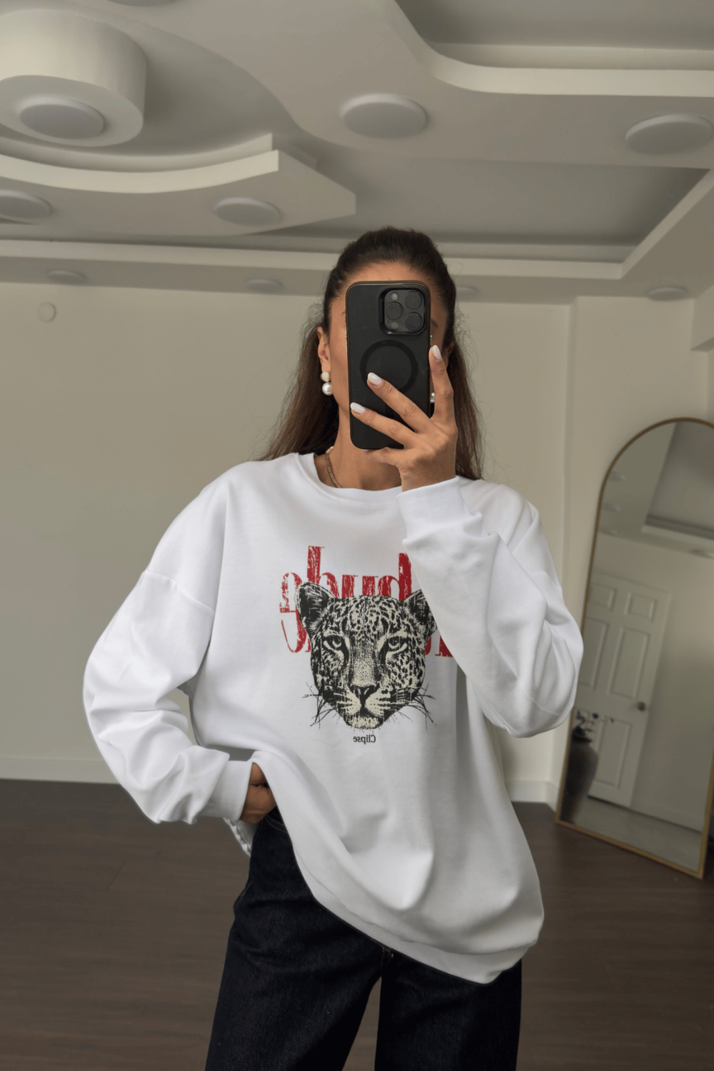 Baskılı Sweatshirt-Beyaz