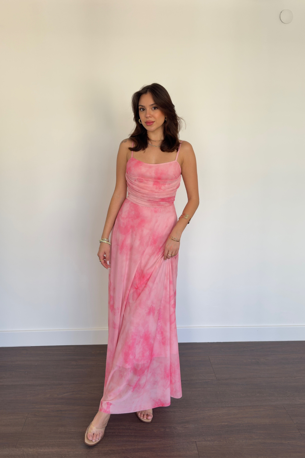 Batik Desen İp Askılı Elbise-Pembe